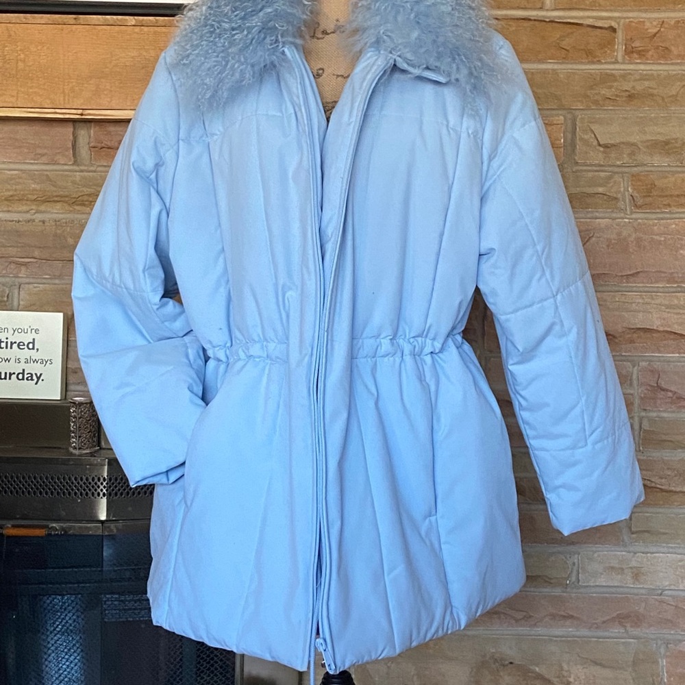 Baby blue snow jacket with fur collar